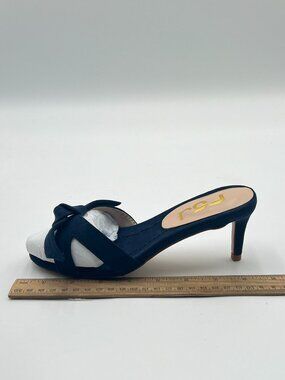 FSJ Navy Cute Bowknot Slip On Mules Summer Open Toe Kitten Low Heel Sandal